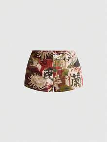 ROMWE Vintage New Chinese Style Chinese Character & Floral Collage Design Ultra Low Waist Mini Denim Shorts - Multicolor - View 1
