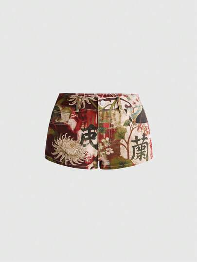 Shorts vaqueros mini de cintura ultra baja con diseño de collage de caracteres chinos y flores, estilo chino vintage nuevo