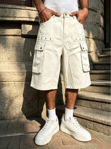 Manfinity Roghcode Men's Cargo Pocket Casual Street Denim Straight Leg Shorts Holiday Work White Summer - Beige - View 4