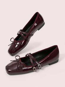 CUCCOO DOLLMOD Women's Ballet Flats, Crossed Bow Square Toe Flat Bottom Low Heel French Retro Glossy Mary Jane Shoes Commuter Dating Versatile Shoes Fall Shoes - Burgundy - View 3