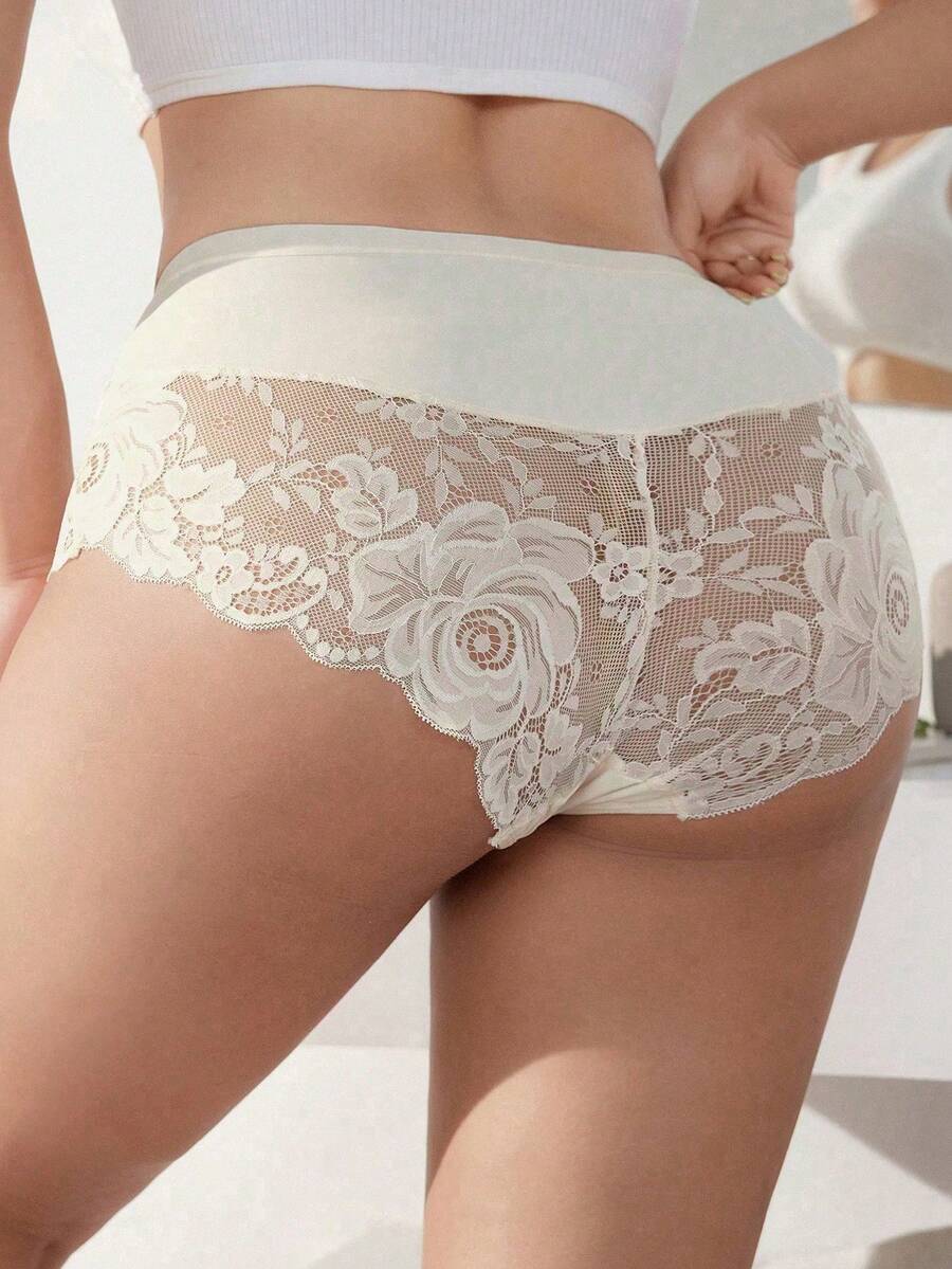 SHEIN Women's Plus Size Single Lace Patchwork Sexy Panty - Apricot - View 1