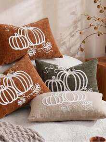 Cirelle 1pc/2pcs Fall Pumpkin Embroidery Lumbar Pillow Covers, Textured Rectangular Cushion Cases With Pumpkin Vine Leaf Pattern, Farmhouse Thanksgiving Autumn Decor For Sofa Bedroom Bay Window Homestay, Pillow Insert Not Included - Dark Green - View 8