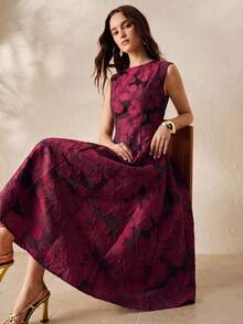 BELROSIE Vintage Mature French Elegant Women's Date Party Night Dinner Formal Official Dress, Embroidery Black Floral Jacquard Fabric, Sleeveless Summer - Red Violet - View 1