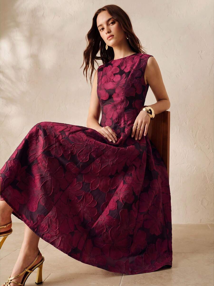 BELROSIE Vintage Mature French Elegant Women's Date Party Night Dinner Formal Official Dress, Embroidery Black Floral Jacquard Fabric, Sleeveless Summer - Red Violet - View 1