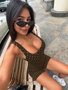 SHEIN Dewbera 女款波點休閒日常旅行運動連身褲 - 棕色 - 查看 3