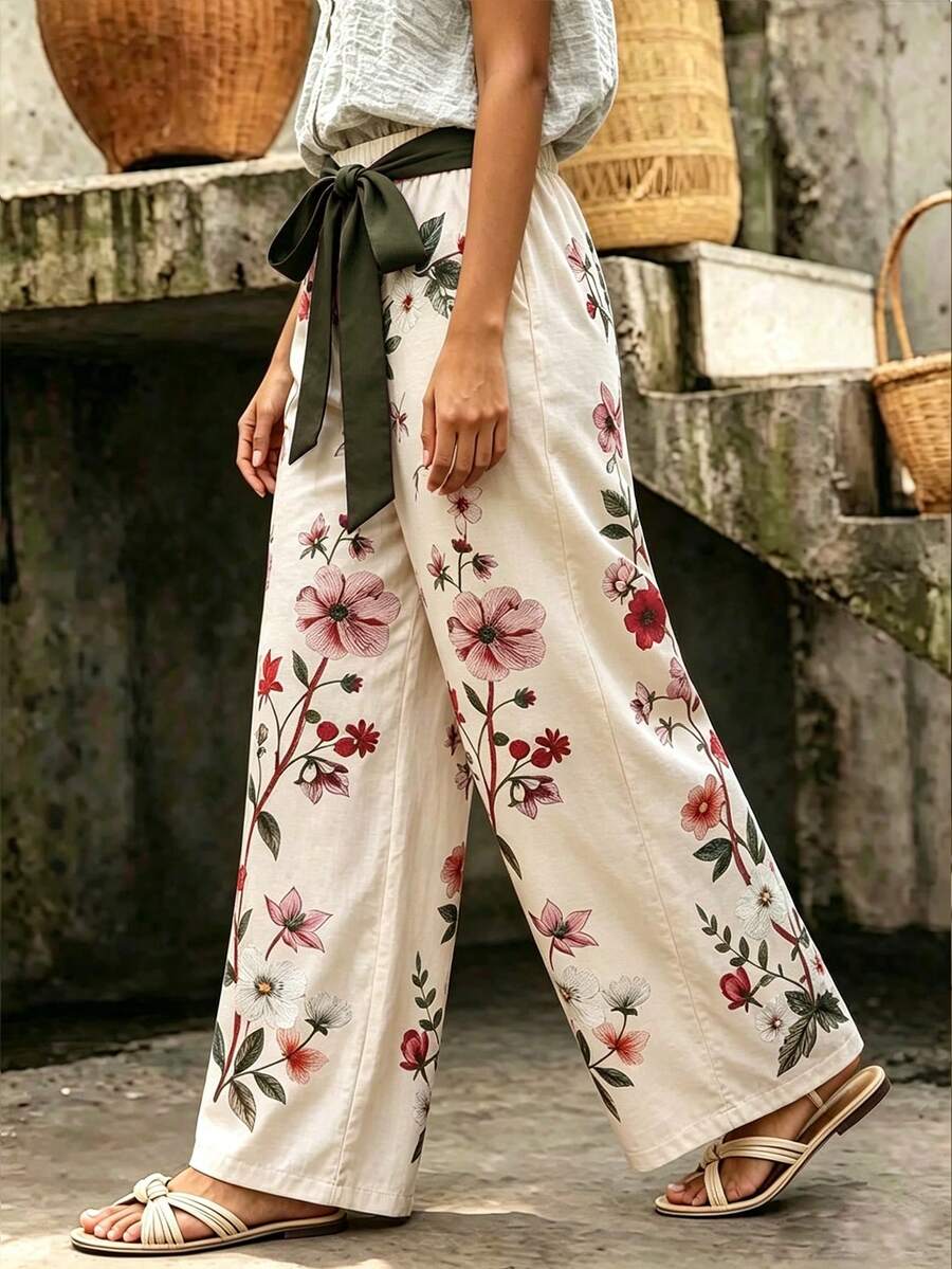 EMERY ROSE Plus Size Casual Boho Bohemian Vacation Floral Loose White Long Pants Straight Leg Wide Leg Bowknot Elastic Waist Autumn Formal - Multicolor - View 1