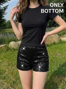 Pantalones cortos de mujer negros glamorosos con adornos de lentejuelas, pantalones cortos de lentejuelas, pantalones cortos con brillo, pantalones cortos con brillo - Plateado - Ver 6