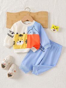 SHEIN Playful Pals 2件組男嬰幼兒休閒可愛動物印花長袖圓領套頭運動衫與運動長褲套裝，嬰兒春秋冬季套裝，男嬰服飾 - 彩色 - 查看 3