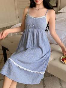 DAZY Floral Pattern Lace Patchwork Sleeveless Spaghetti Strap Cinched Waist Nightgown Women's Loungewear Dress Pajamas - Blue - View 3