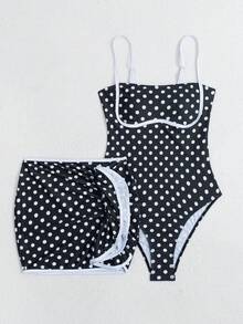 SHEIN Swim 春夏時尚性感可調式可拆卸肩帶加墊黑白拼接連身泳衣上衣與短裙套裝 女款 - 黑與白 - 查看 3