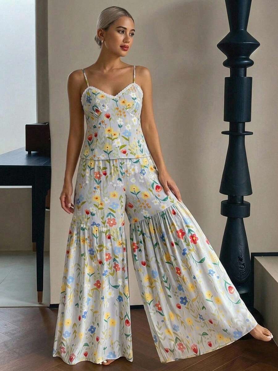 DAZY Sweet Floral Pattern Lace Patchwork Sleeveless Camisole & Wide Leg Pants 2-Piece Set Summer Women's Pajama Outfit - Light Grey - View 1