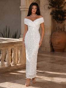 Coutiva Elegantes Abendkleid mit Satin-Einsätzen und Pailletten-Saum, gerader Schnitt, perfekt für Geburtstagsparty, Abschlussfeier, Schulanfang & Musikfestivals - Weiss - Übersicht 6