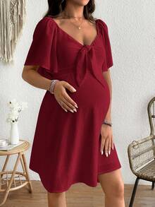 SHEIN Maternity Short Sleeve Mid-Length A-Line Pullover Dress With Ruffle Sleeves And Half-Open Neck - Burgundy - View 5