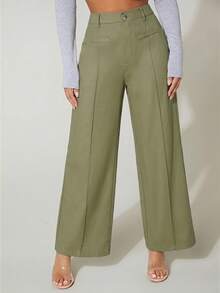 SHEIN PETITE 高腰寬腿夏季長褲 100%純棉，適合嬌小女性 - 軍綠色 - 查看 3