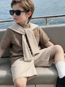 SHEIN 3pcs/Set Young Boys Spring/Summer Casual Preppy Style Short Sleeve Shirt, Polo Shirt And Shorts And Shawl Set, Multi-Piece Outfit With Belt, Suitable For Indoor, Outdoor, Daily, Sports, Play, Party, Photography, Vacation, Holiday, Wedding, Full Moon, Baptism And First Birthday Celebration, Baby Shower - Khaki - View 5