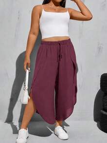 SHEIN Essnce Plus Size Black Elastic Waist High Slit Wide Leg Baggy Pants Summer - Redwood - View 5