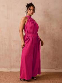 Slaydiva Mono de cuello halter de unicolor talla grande para vacaciones y uso casual - Rosa Fucsia - Ver 11