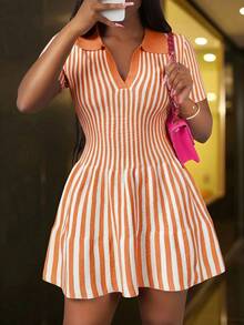 Slaydiva 2025 New Summer Elegant Party & Shopping Exquisite Polo Collar Striped Knit Mini Dress - A - Orange - View 6