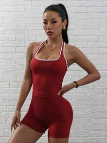 SHEIN Dewbera 女款高腰瑜伽運動套裝 - 酒紅色 - 查看 5
