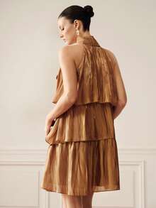 BELROSIE European American Style Spring/Summer New Fashion Versatile Shimmering Gauze Multi-Layer Ruffle Hem Elegant Sexy Commuter Design Women's Mini Dress - Coffee Brown - View 7