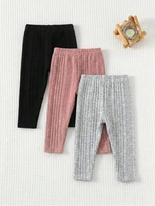 SHEIN 女嬰可愛休閒百搭極簡純色鬆緊腰長褲3件套 - 彩色 - 查看 5