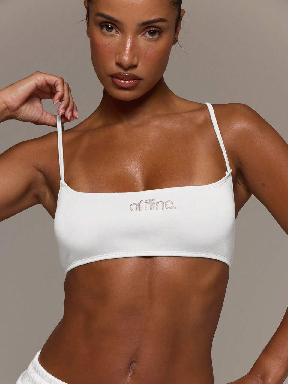 Offline' Embroidered Graphic Strappy Square Neck Extreme Cropped Top Coord Top Only