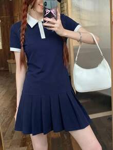 SHEIN Teen Girls Navy Blue Polo Collar Embroidered Pleated Hem Casual Dress, School Uniform Style - Multicolor - View 3