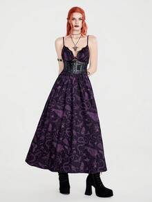 Breakform Women's Spring/Summer Casual Goth Vintage Punk All-Over Print Camisole Dress Night Out Dark Purple - Black - View 1