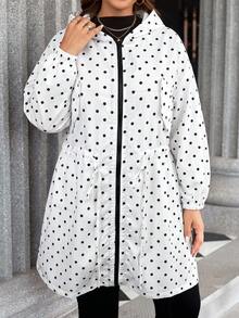 SHEIN LUNE 大尺碼素色連帽前開襟拉鍊休閒長袖夾克 秋季服飾 - 黑與白 - 查看 4
