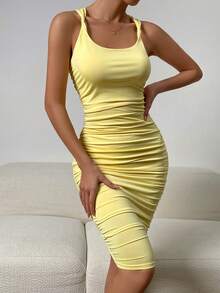 SHEIN X Belle Mariano Vestido ajustado tank unicolor fruncido - Amarillo - Ver 8