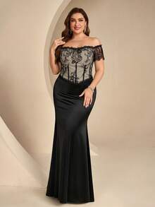 Coutiva Plus Size Lace Patchwork One Shoulder Formal Evening Gown - Black - View 6