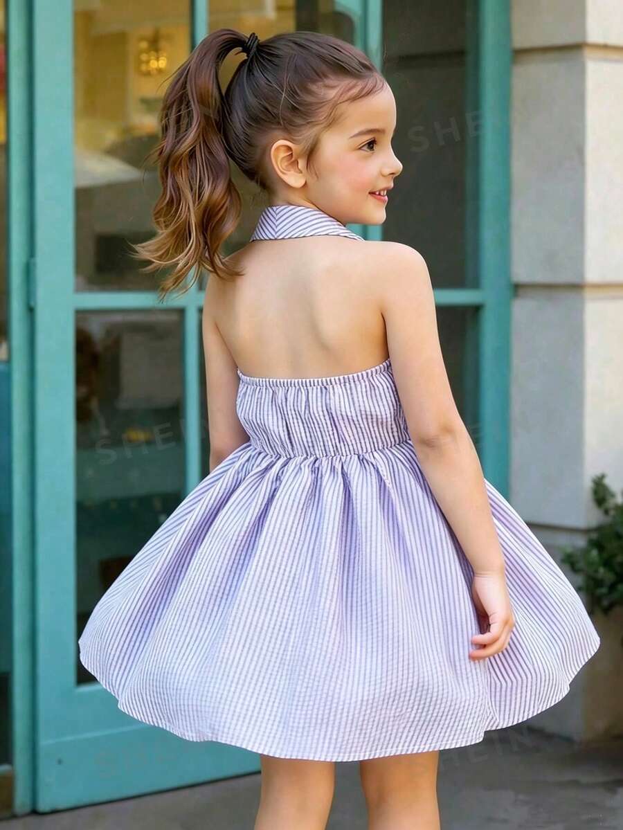 SHEIN Elladie kids 女童夏季新款時尚 Polo 領掛脖露背收腰甜美百搭度假風洋裝，小女孩正式禮服