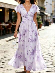 GlowEve CURVE Plus Size Women's French Floral Chiffon Dress, V-Neck Waist-Cinching Slimming Elegant Long Vacation Fairy Dress Wedding Guest White Summer - Purple - View 3