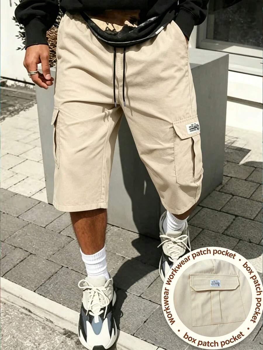Manfinity Dauomo Pantalones cargo capri de verano casuales para hombres con bolsillo con solapa y cintura con cordón - Caqui - Ver 1