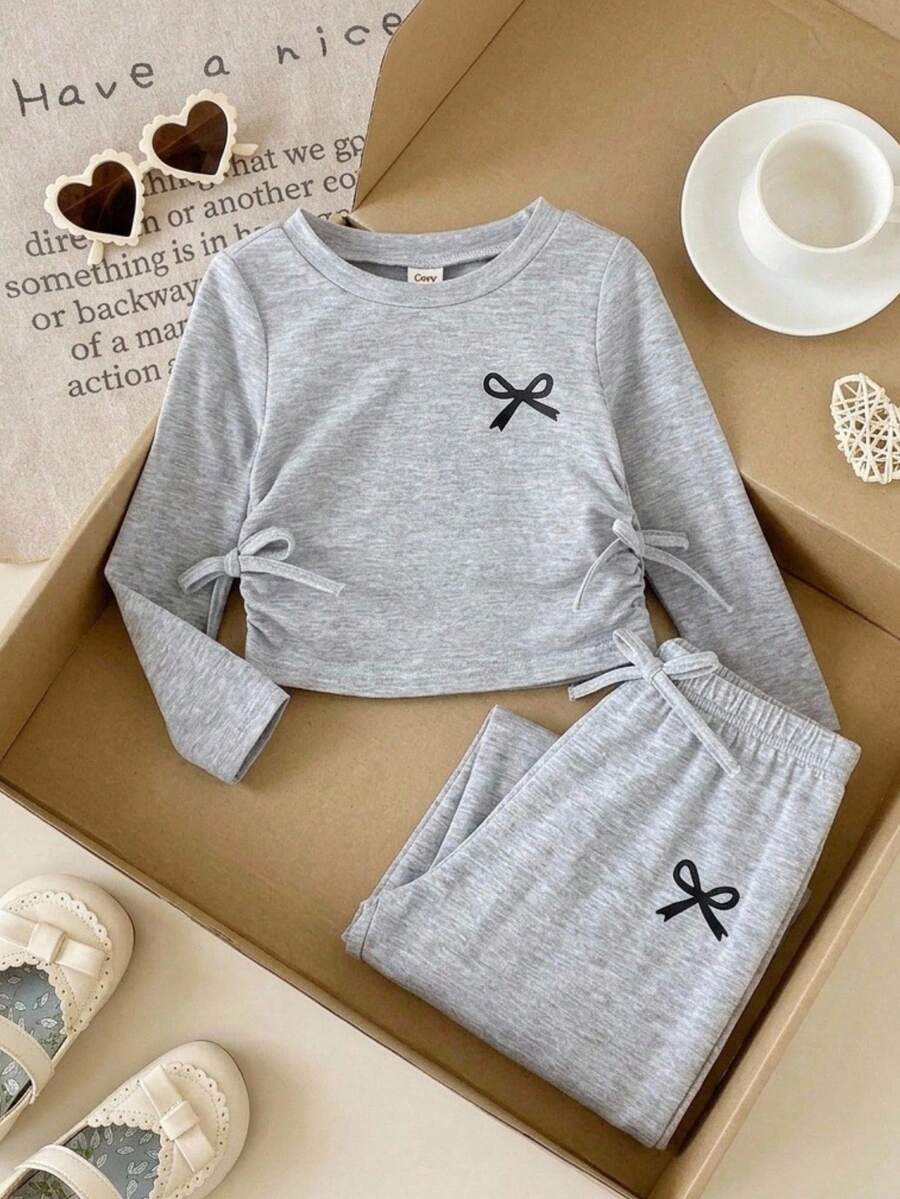 Cozy Pixies Set Pakaian Bayi Perempuan Kasual Lucu Rajut Abu-abu Motif Pita Atasan Lengan Panjang Berkerut Leher Bulat + Celana Flare - Grey - View 1