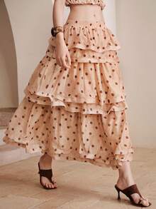 SHEIN 2026 Elegant Women's Dress, Suitable For Dating, Daily, Casual, Beach Vacation, Party And More. Minimalist And Versatile Women's Skirt, Solid Color Design, Waist-Flattering With Ruffle Hem, Made Of Woven Fabric. Perfect For Outings, Holidays, And Vacation Wear. - Apricot - View 2
