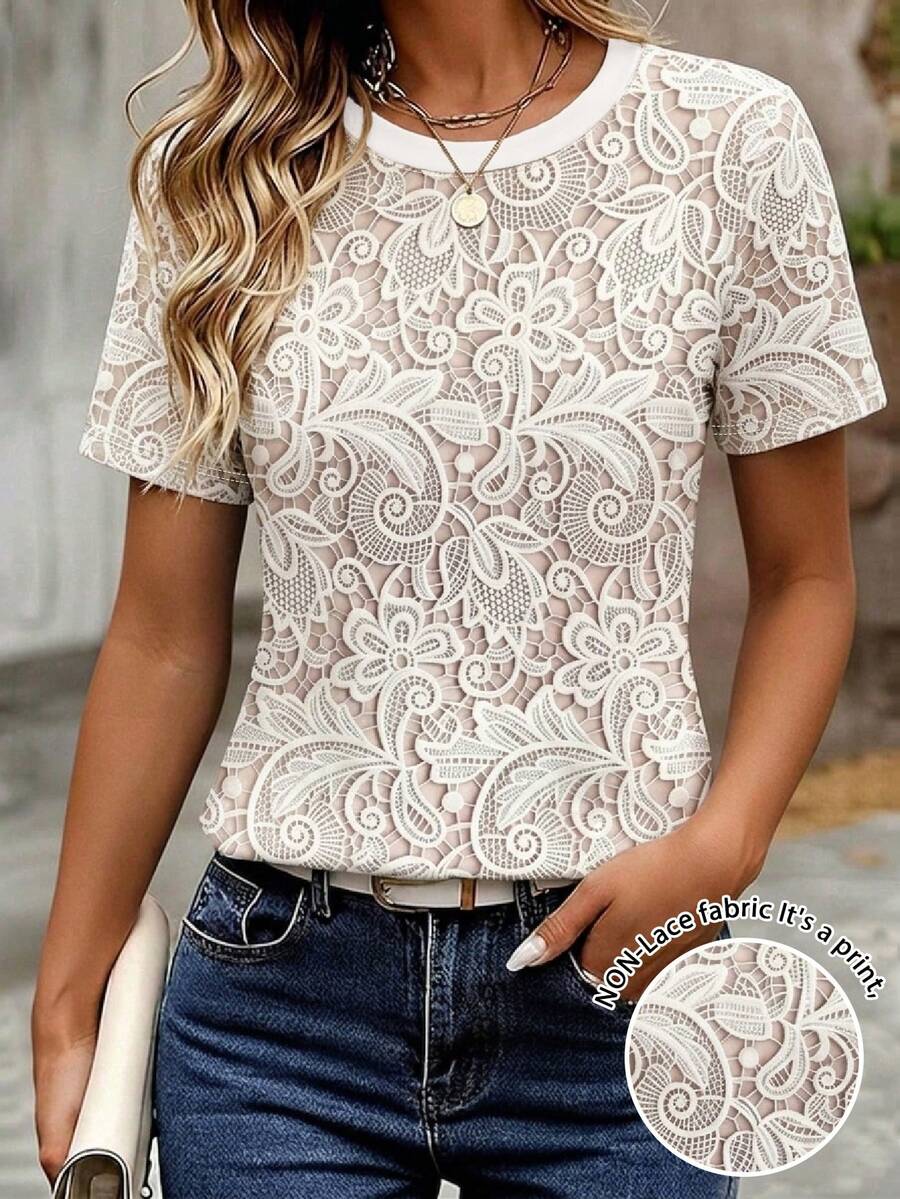 EMERY ROSE Women's Regular Fit T-Shirt, Mature Floral Print Pattern, Summer Outing Top, Pattern Design, Premium Feel, Casual Versatile, Daily Wear, Outdoor, Shopping, Travel Outdoor Wear - Multicolor - View 1