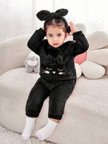 Set Atasan Lengan Panjang dan Celana Panjang Pinggang Elastis Motif Kartun Lucu untuk Bayi Perempuan Musim Gugur/Dingin - Hitam - View 8