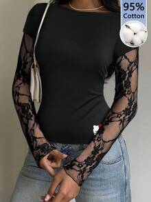 CovetEZ HELLO KITTY AND FRIENDS | SHEIN 休閒性感可愛風聯名款 95% 棉夏季休閒黑色針織蕾絲拼接 2 合 1 女款長袖上衣，適合春季、夏季、初秋 - 彩色 - 查看 3