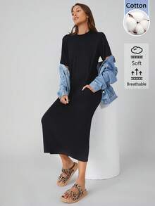SHEIN BASICS 女款純色休閒基礎款派對日常居家度假旅行日間長洋裝，黑色，夏季 - 黑色 - 查看 6