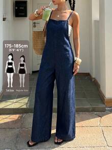 SHEIN Tall 女款休閒牛仔連身褲，適合度假穿著 - 藍色 - 查看 8