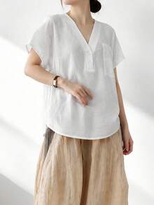 SHEIN 女款亞麻苧麻舒適寬鬆V領襯衫，夏季新款，鈕扣細節，常規長度上衣，度假全白休閒風 - 白色 - 查看 4