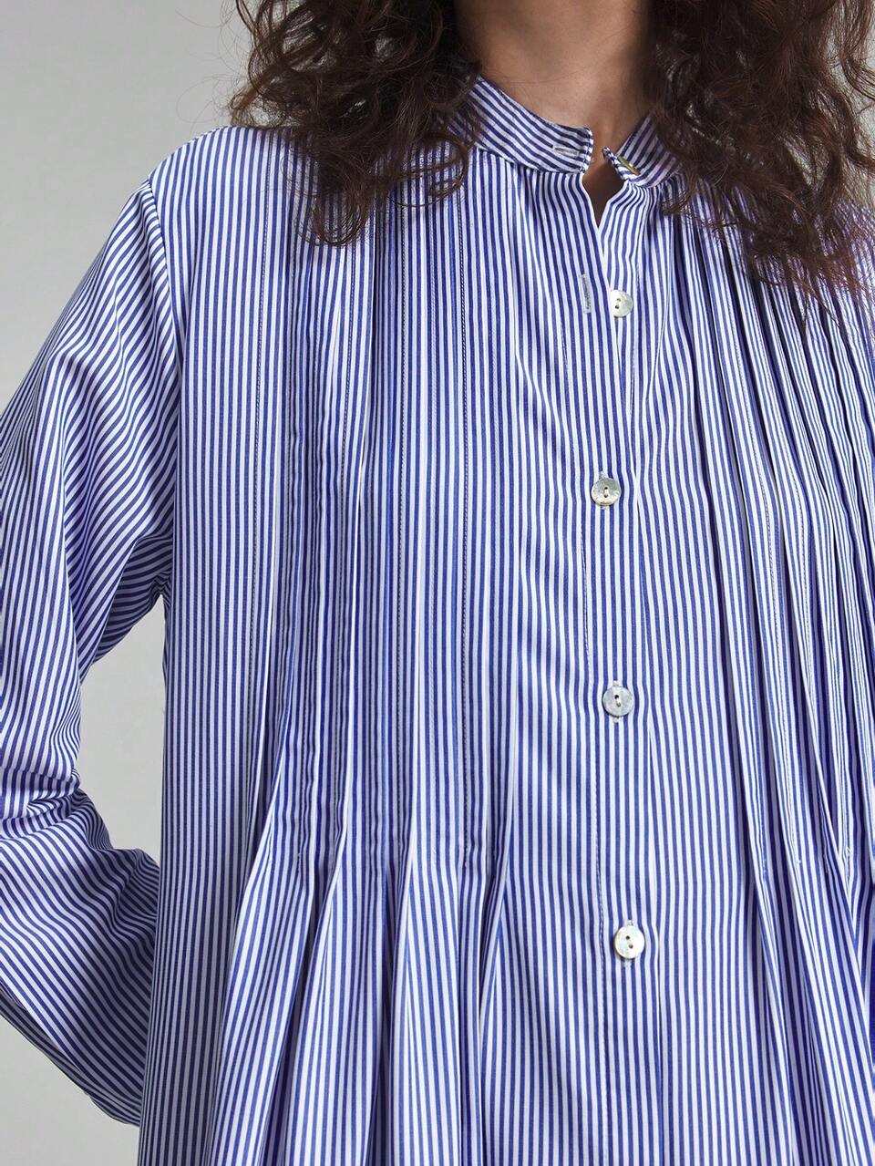 2026 New Summer Women's Long Dress, Loose Fit, Blue And White Striped Long Sleeve Dress, Woven Fabric, Lapel Collar, Button Front, A-Line Design, Casual Commute, Urban Modern, Minimalist Elegant, Tea Party, Independence Day, Old Money Style, Teacher Outfit, Women's Office Wear, Holiday Outfit, Vacation Date Outfit, Women's Outing Wear, Fashion Versatile Women's Long Dress