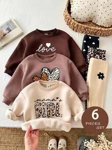 SHEIN Baby Girl 6pcs Knit Solid Color Leopard Print Letter Pattern Crew Neck Sweatshirt & Long Autumn Pants Set, Fleece Lined Thick , Suitable For Winter - Multicolor - View 4