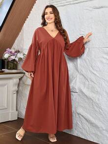 Al Najma Robe arabe décontractée minimaliste de couleur unie à col en V, épaules tombantes, manches longues, coupe ample et régulière, grande taille pour femmes, pour le printemps et l'été - Rose cuivré - Voir 7