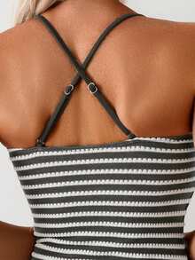 Swim Lushoire Women's Summer Vacation Casual Beach Wear Green Striped Two Pieces Set Tank Top Camisole Bikini Adjustable Shoulder Strap Swimwear Set - Black - View 3
