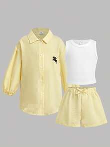 SHEIN 兒童女童編織條紋休閒襯衫 + 吊帶背心 + 短褲 3件套，馬標，黃色條紋 - 黃色 - 查看 7