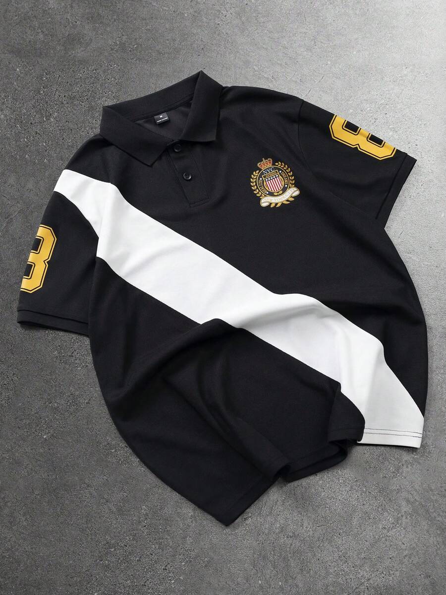 STYNVO 男士拼色休閒數位印花圖案 Polo 衫,儀式場合適用 - 黑色 - 查看 1