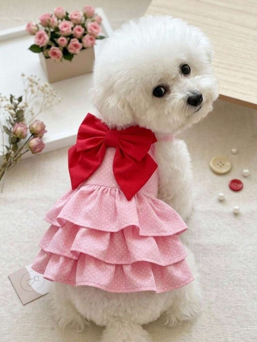 PETSIN 粉色波點寵物掛脖蛋糕裙,附大紅色蝴蝶結,夏季小狗衣服,適合泰迪、比熊、馬爾濟斯 - 粉色 - 查看 1