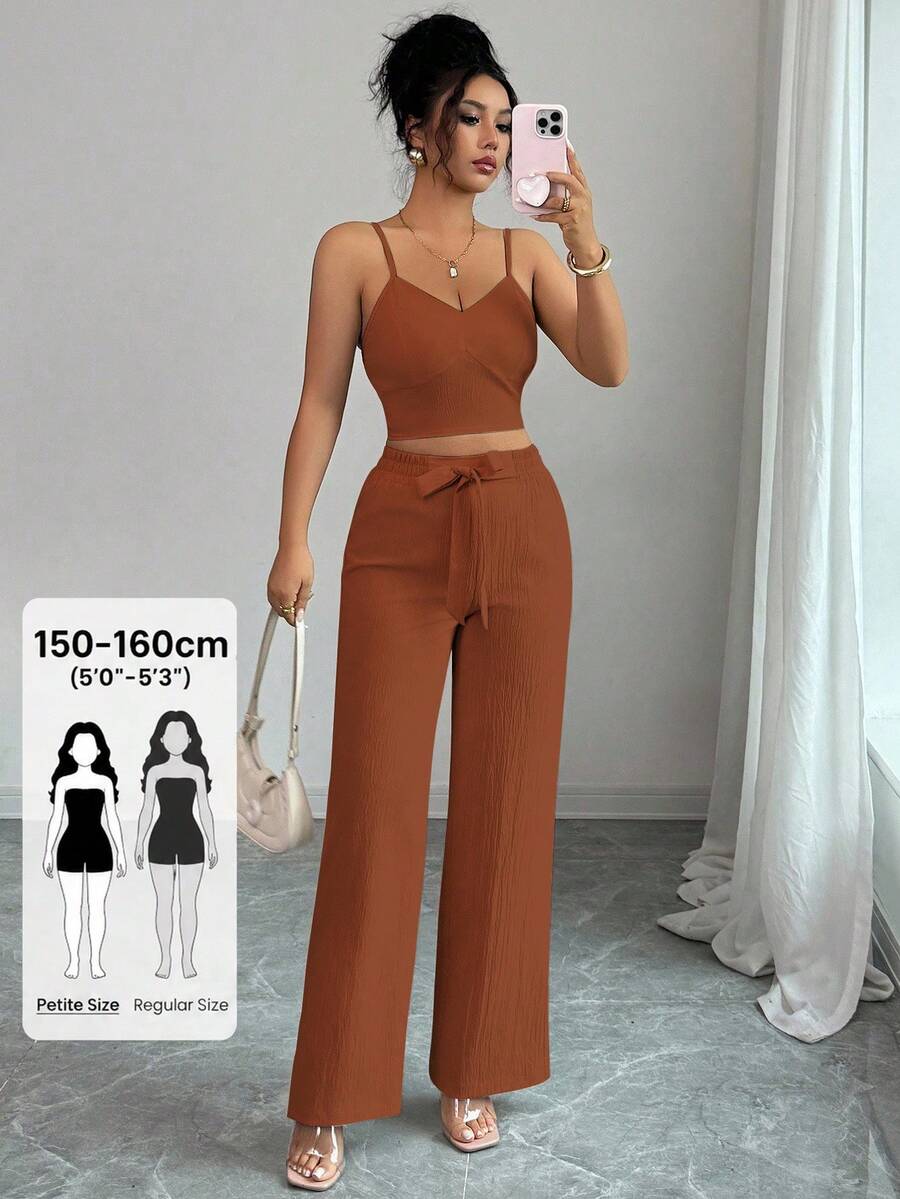 SHEIN PETITE 女款休閒性感時尚純色高腰抓皺細肩帶上衣寬腿褲套裝 外出度假 鐵鏽橘色 夏季 - 鏽棕色 - 查看 1